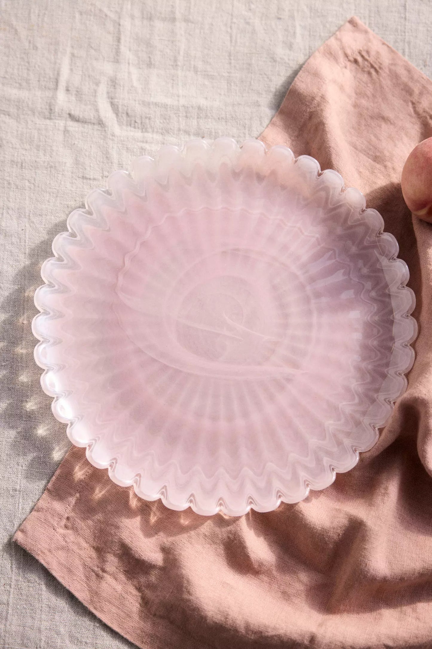 Scalloped Rose‑Tinted Glass Serving Plate