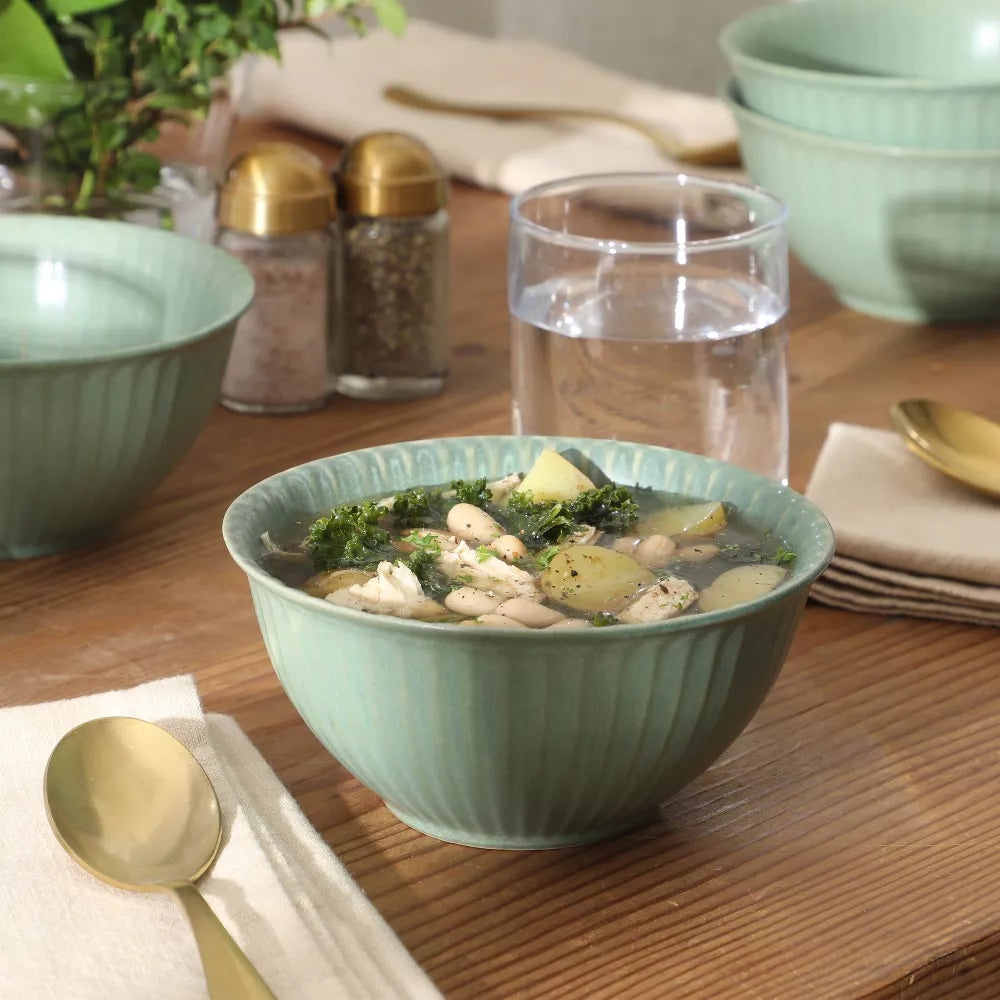 4‑Piece Ribbed Reactive‑Glaze Stoneware Soup Bowl Set
