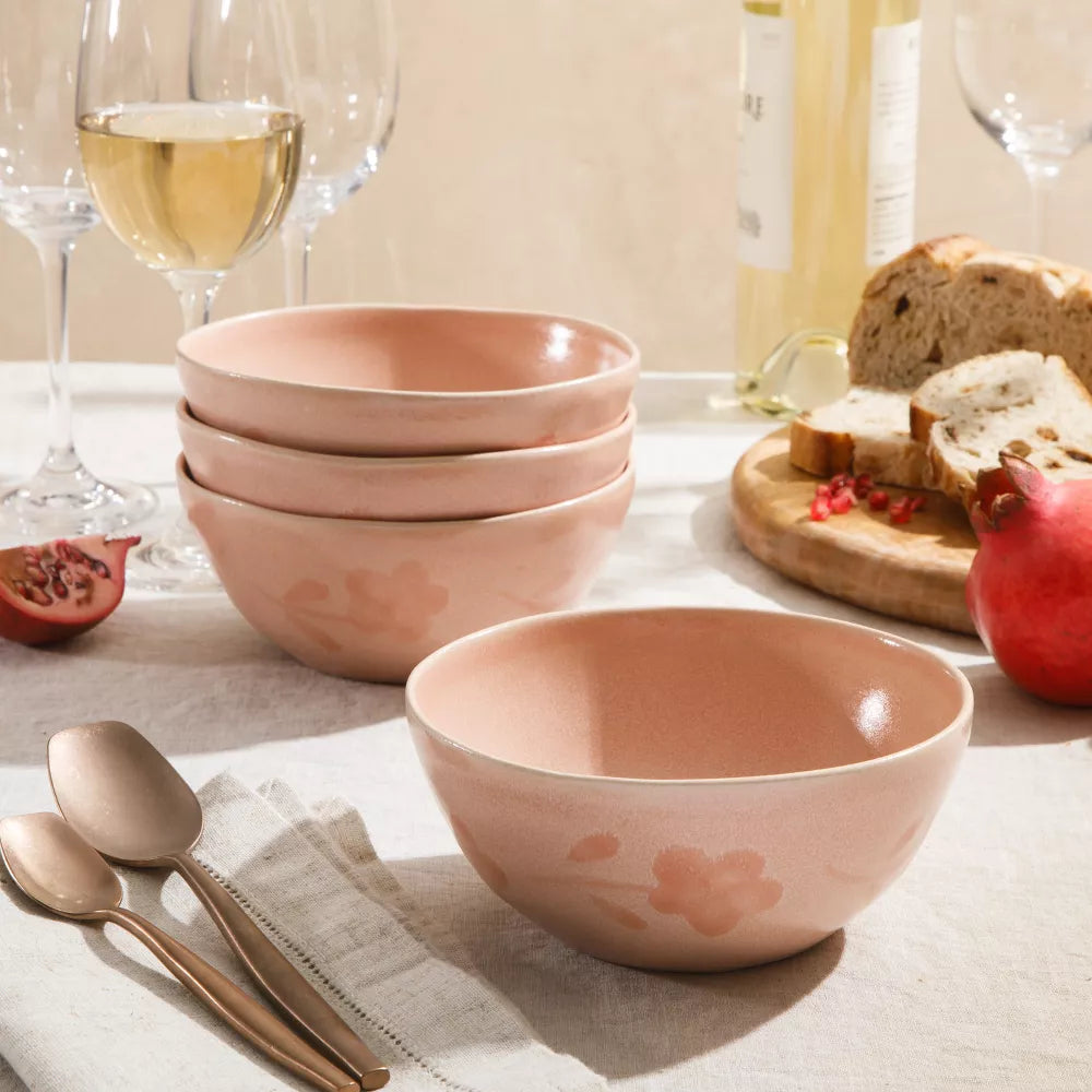 4‑Piece Hand‑Painted Floral Stoneware Soup Bowl Set