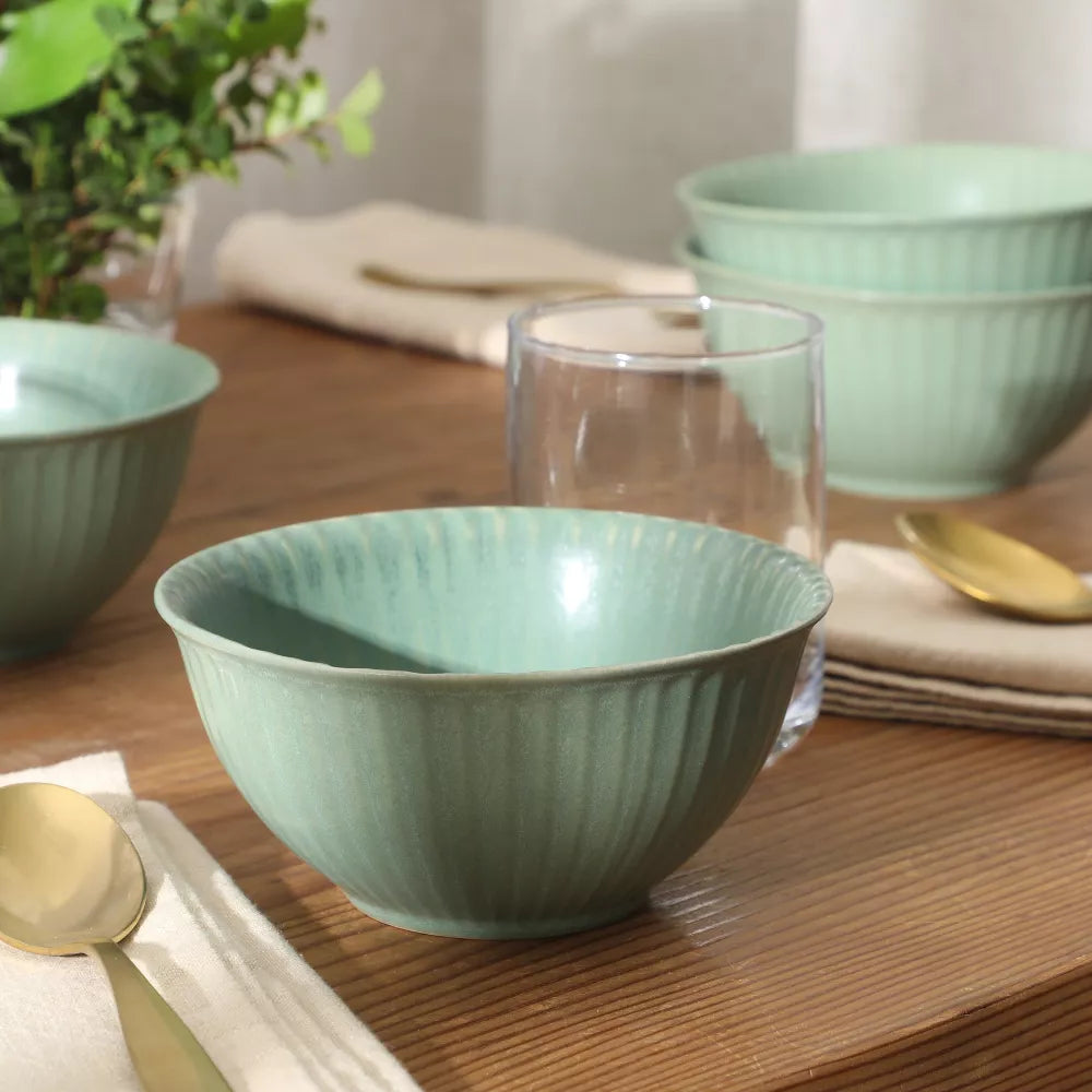 4‑Piece Ribbed Reactive‑Glaze Stoneware Soup Bowl Set